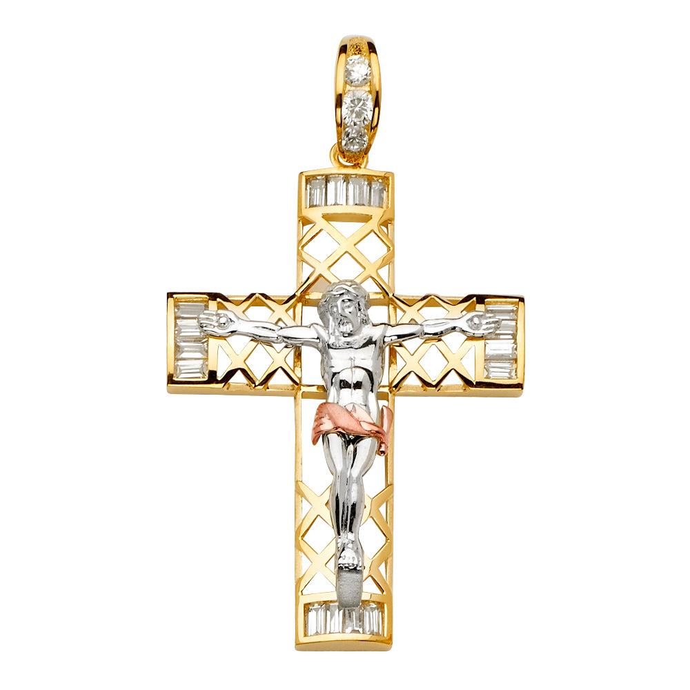 14K Tri-Color Gold CZ Crucifix Pendant aprox 2 3/4" tall