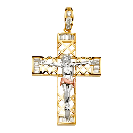 14K Tri-Color Gold CZ Crucifix Pendant aprox 2 3/4" tall