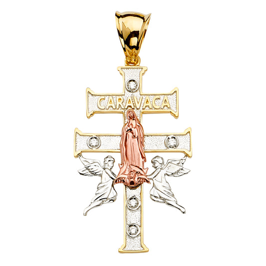 14K Tri-Color Gold Caravaca Cross Virgin Mary CZ Pendant 2.3" Tall