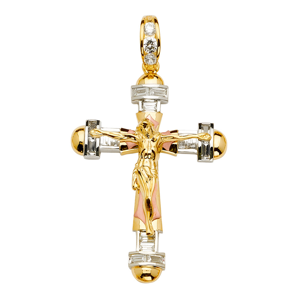 14K Tri-Color Gold CZ Crucifix Pendant aprox 2 1/2" tall