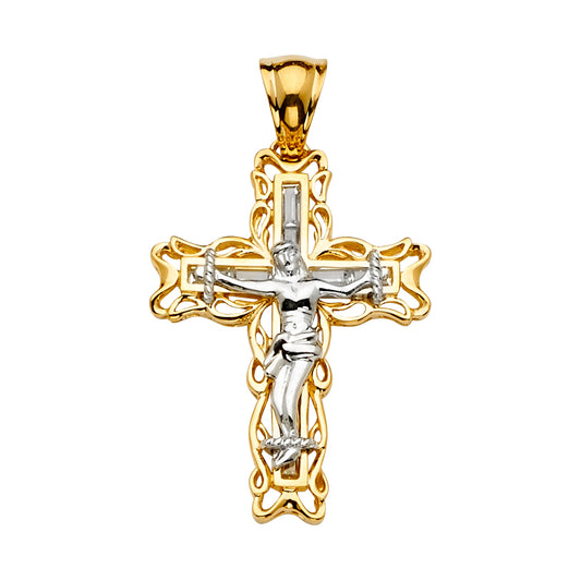 14K Two-Tone Gold CZ Filigree Crucifix Pendant 1 3/4" tall