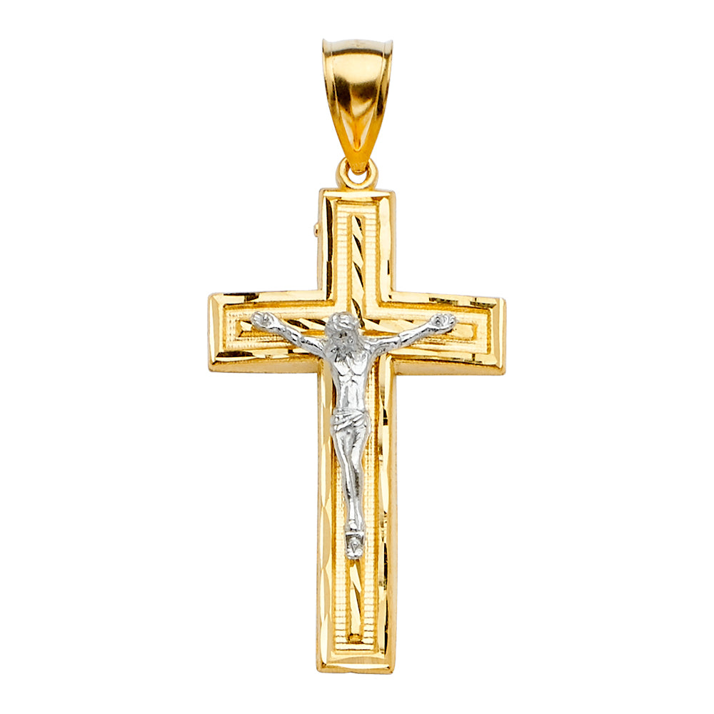 14K Two-Tone Gold Rectangular Edge Crucifix Pendant