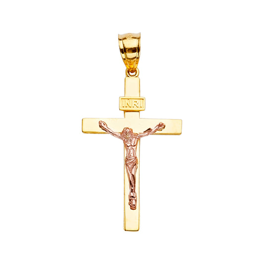14k Two-Tone Gold (Yellow Gold cross with Rose Gold Christ figure) aprox 1 1/2" tall