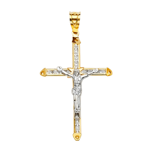 14K Two-Tone Gold CZ Crucifix Pendant aprox 2" tall