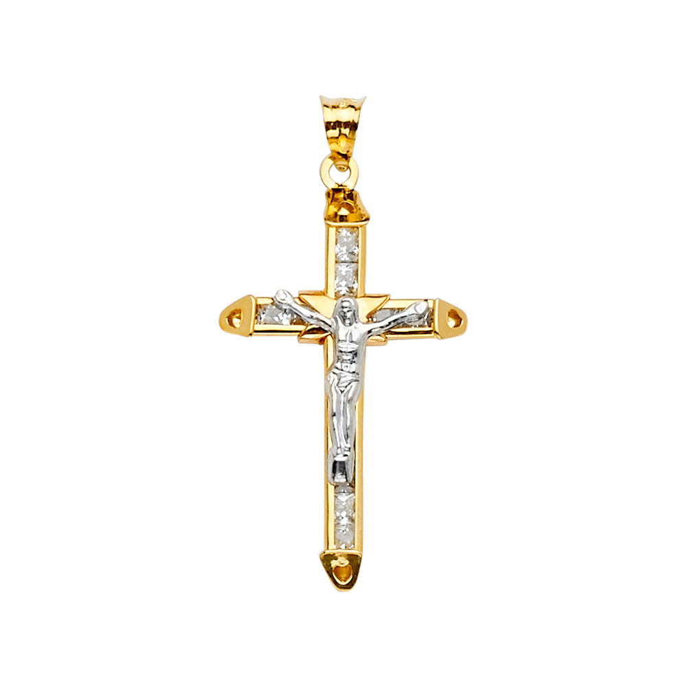 14K Two-Tone Gold CZ Crucifix Pendant aprox 1 1/2" tall