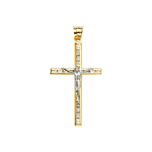 14K Two-Tone Gold CZ Crucifix Pendant aprox 1 1/4" tall