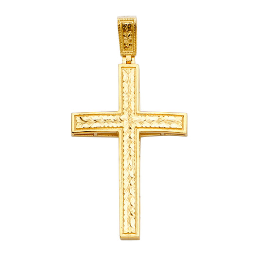 14K Yellow Gold Leaf Engraved Cross Pendant aprox 2 1/4" tall