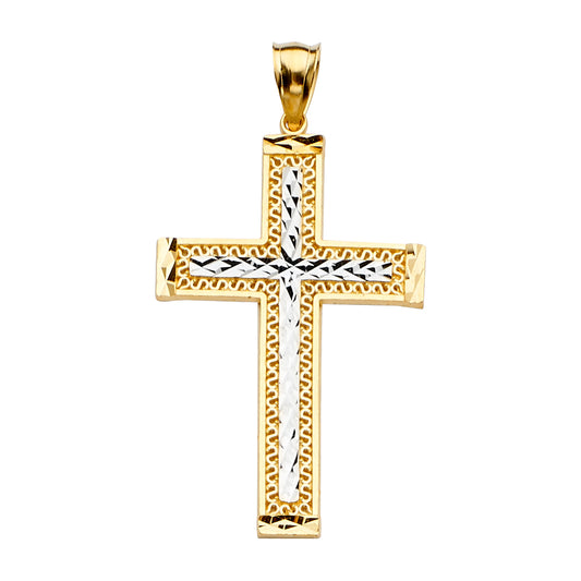 14K Two-Tone Gold Diamond-Cut Center Cross Pendant aprox 2" tall