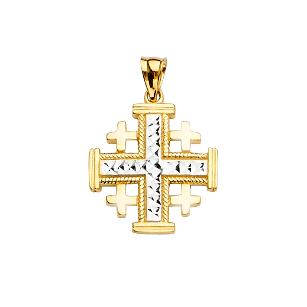14K Two-Tone Gold Diamond-Cut Jerusalem Cross Pendant aprox 1" tall