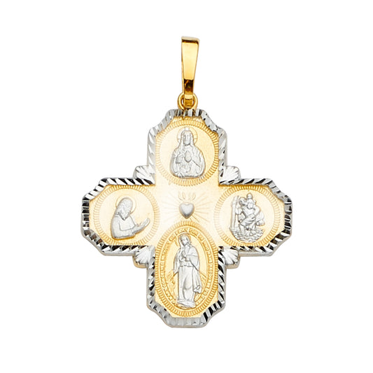 14K Two-Tone Gold Diamond-Cut Multi-Image Religious Cross Pendant aprox 1 1/2" tall