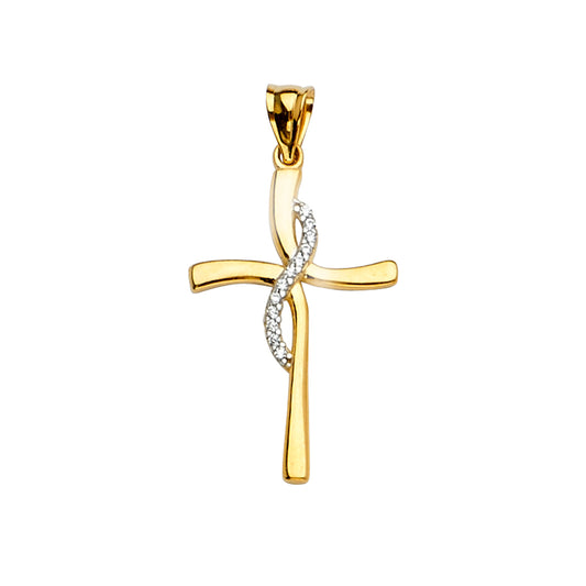 14K Two-Tone Gold Curved Design CZ Cross Pendant aprox 1 1/4" tall