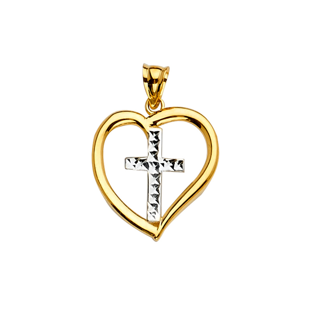 14K Yellow Gold Two-Tone Heart & Cross Pendant aprox 1" tall
