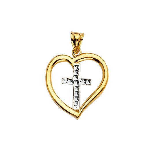 14K Yellow Gold Two-Tone Heart & Cross Pendant aprox 1" tall