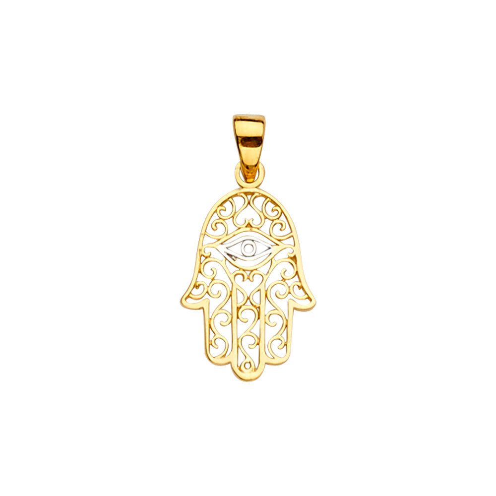 14K Yellow Gold Filigree Hamsa Hand Evil Eye Pendant