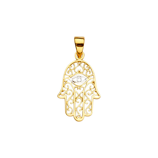 14K Yellow Gold Filigree Hamsa Hand Evil Eye Pendant