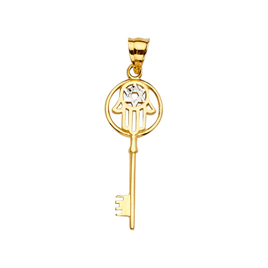 14K Yellow Gold Hamsa Key Design CZ Pendant