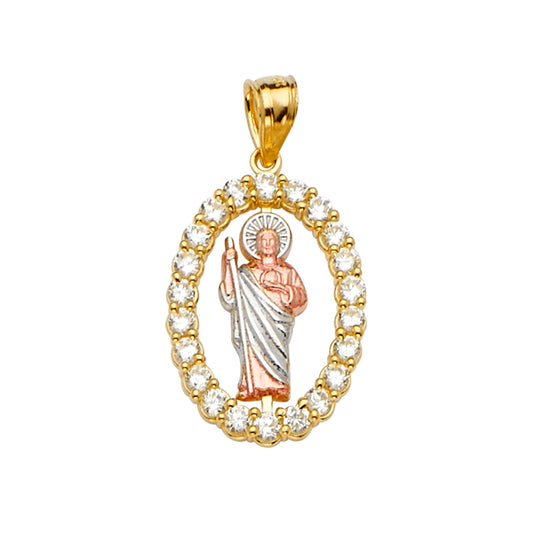14K Tri-Color Gold Saint Jude CZ Oval Pendant