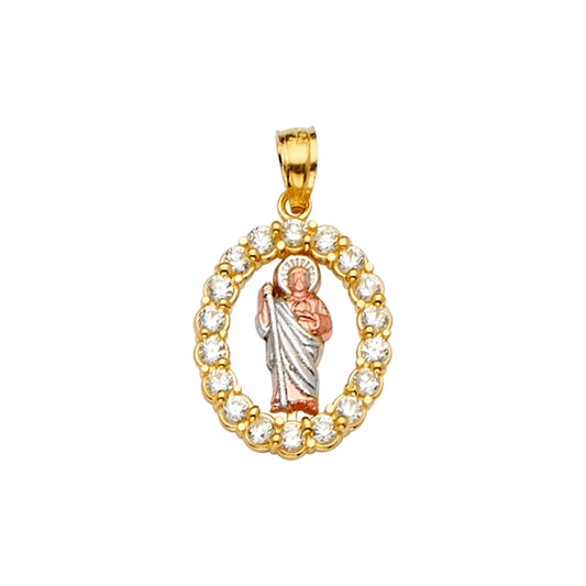 14K Tri-Color Gold Saint Jude CZ Oval Pendant