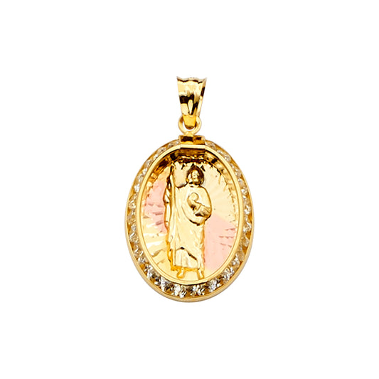 14K Tri-Color Gold Oval San Judas Tadeo CZ Pendant aprox 1" tall