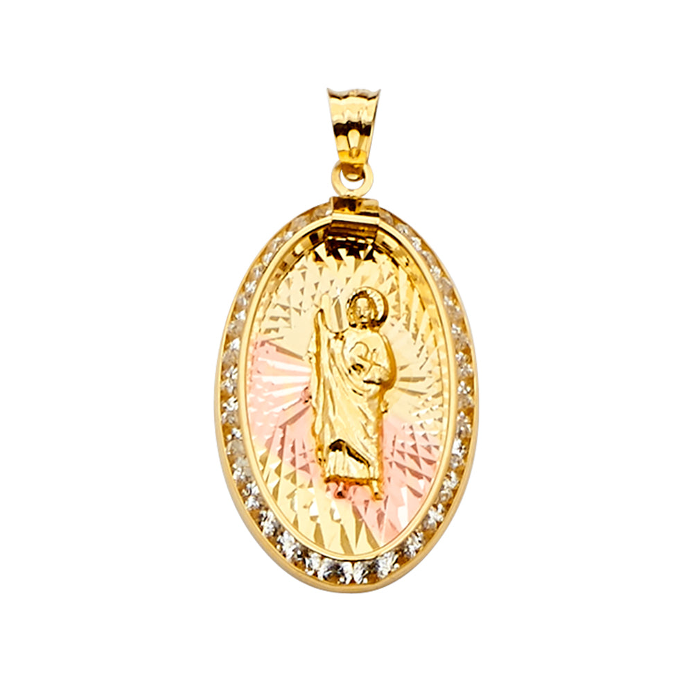 14K Tri-Color Gold Oval San Judas Tadeo CZ Pendant aprox 1 1/4" tall