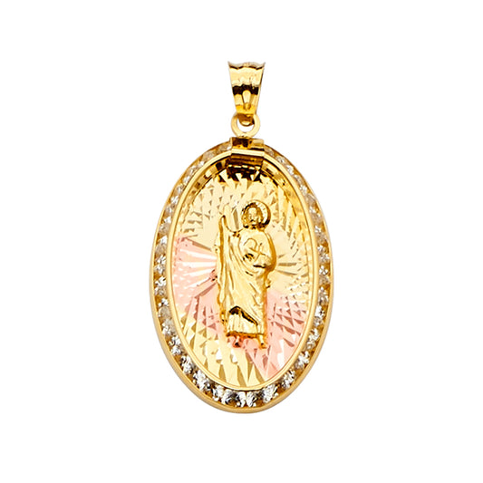 14K Tri-Color Gold Oval San Judas Tadeo CZ Pendant aprox 1 1/4" tall
