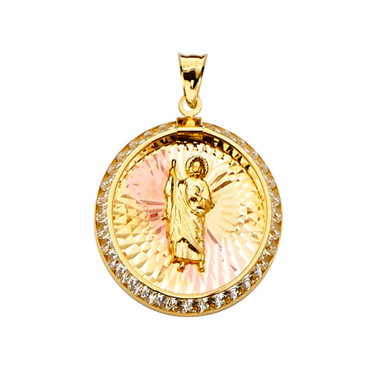 14K Tri-Color Gold Round San Judas Tadeo CZ Pendant aprox 1" tall