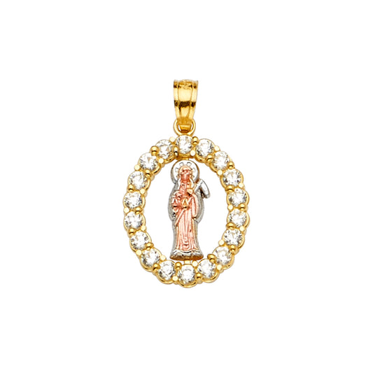 14K Tri-Color Gold Santa Muerte CZ Oval Pendant