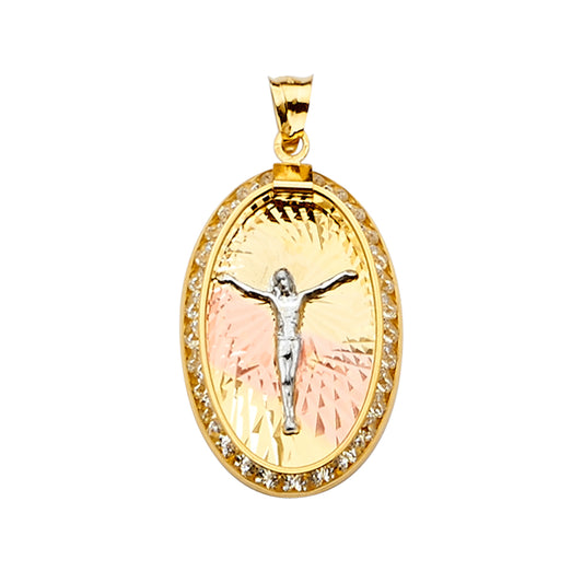 14K Tri-Color Gold Oval Crucifix CZ Pendant aprox 1 1/4" tall