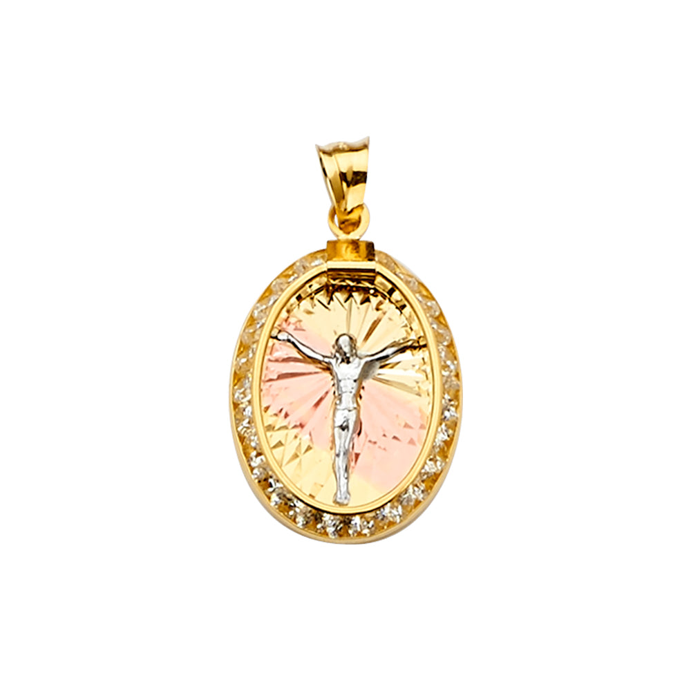 14K Tri-Color Gold Oval Crucifix CZ Pendant aprox 1" tall