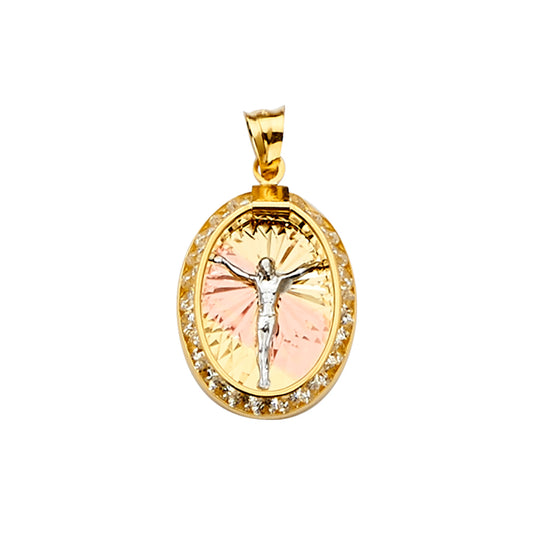 14K Tri-Color Gold Oval Crucifix CZ Pendant aprox 1" tall