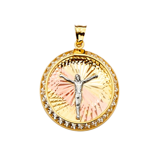 14K Tri-Color Gold Round Crucifix CZ Pendant aprox 1" tall