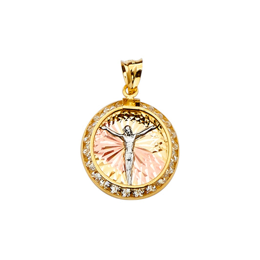14K Tri-Color Gold Round Crucifix CZ Pendant aprox 1" tall