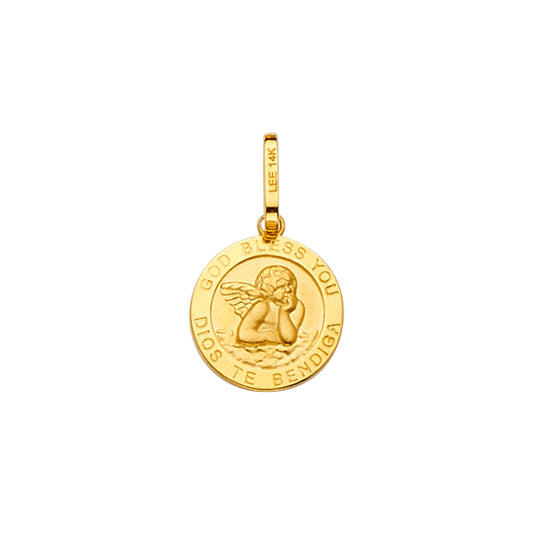 14K Yellow Gold Dios Te Bendiga / God Bless You Angel Medallion Pendant