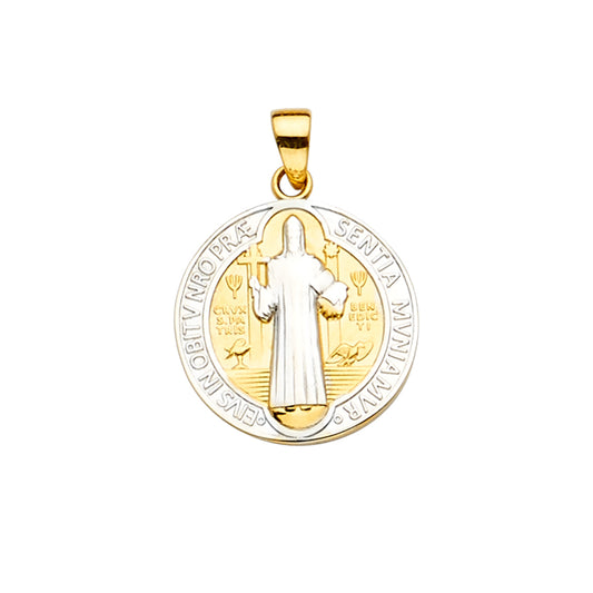 14K Two-Tone Gold Saint Benedict Round Medal Pendant aprox 1" tall
