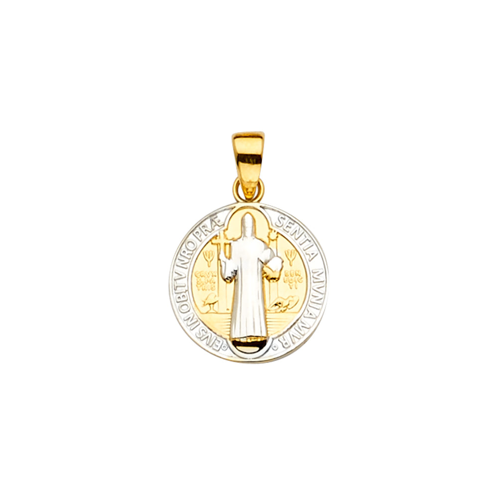 14K Two-Tone Gold Saint Benedict Round Medal Pendant aprox 3/4" tall