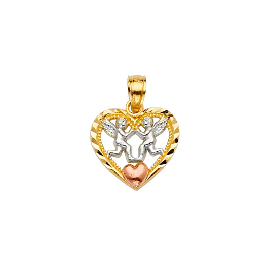 14K Tri-Color Gold Cherub Heart Design Pendant