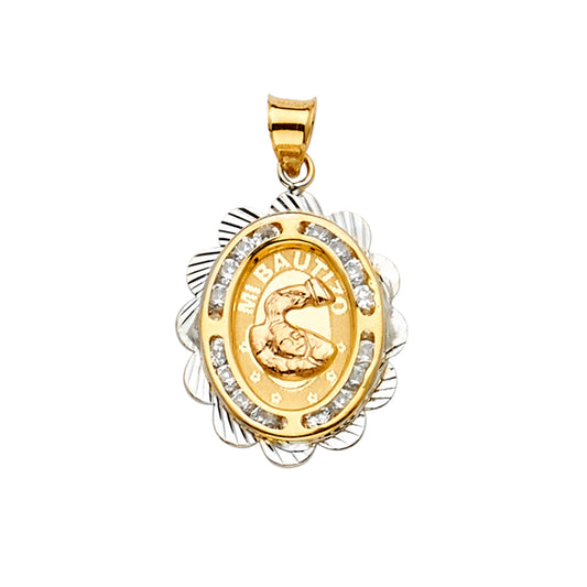 14K Tri-Color Gold Mi Bautizo Oval Filigree CZ Pendant