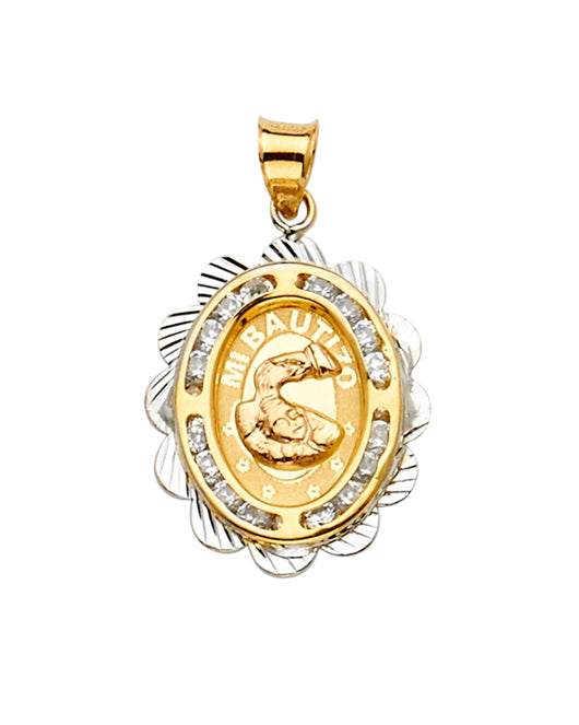 14K Tri-Color Gold Mi Bautizo Oval Filigree CZ Pendant