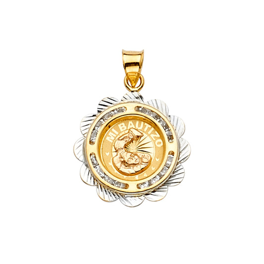14K Tri-Color Gold Mi Bautizo Round Filigree CZ Pendant
