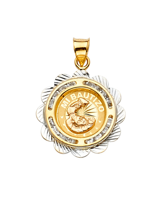 14K Tri-Color Gold Mi Bautizo Round Filigree CZ Pendant