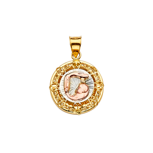 14K Tri-Color Gold Filigree Baptism Round Medallion Pendant