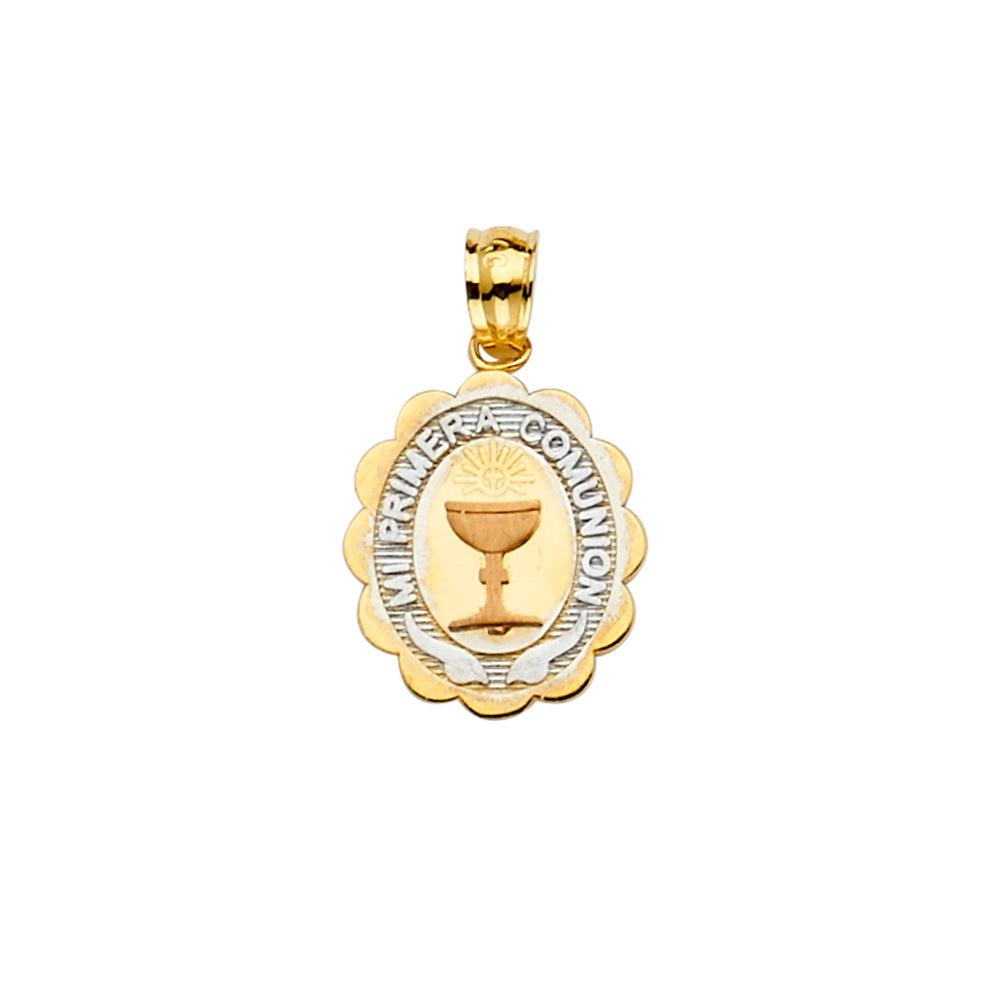 14K Two-Tone Gold Mi Primera Comunión Scalloped Oval Pendant