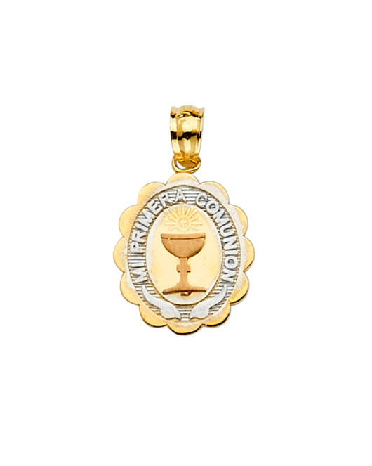 14K Two-Tone Gold Mi Primera Comunión Scalloped Oval Pendant
