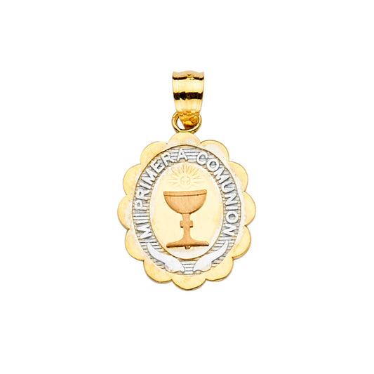14K Two-Tone Gold Mi Primera Comunión Scalloped Oval Pendant