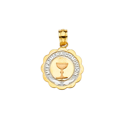 14K Two-Tone Gold Mi Primera Comunión Scalloped Round Pendant