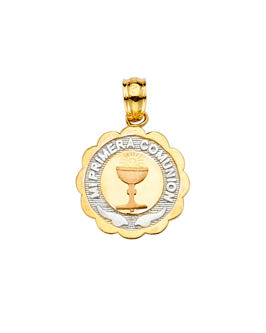 14K Two-Tone Gold Mi Primera Comunión Scalloped Round Pendant