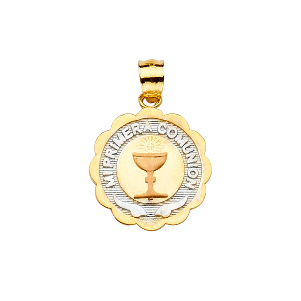 14K Two-Tone Gold Mi Primera Comunión Scalloped Round Pendant