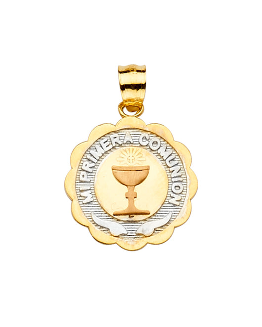14K Two-Tone Gold Mi Primera Comunión Scalloped Round Pendant