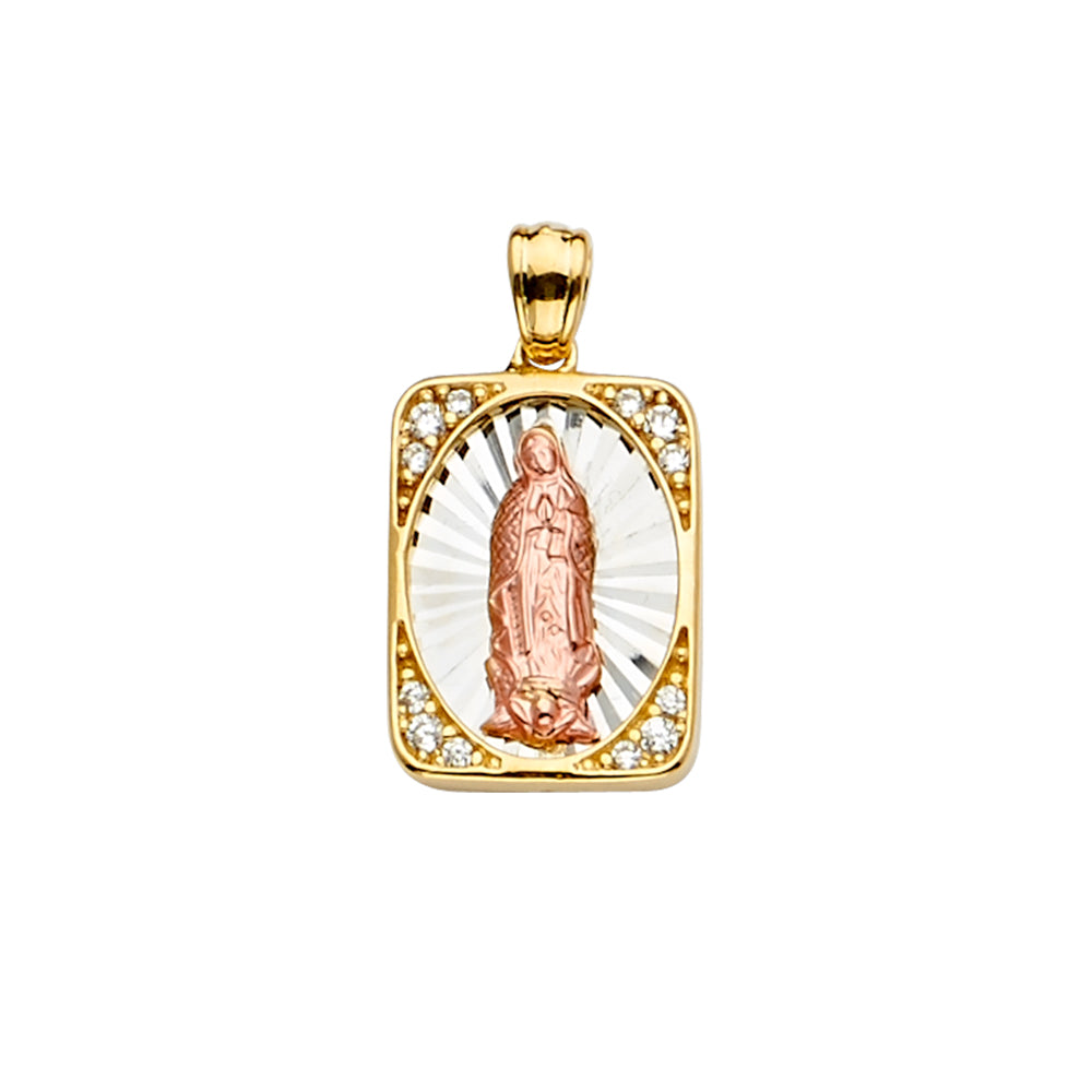 14K Tri-Color Gold Rectangular Our Lady of Guadalupe Pendant with Cubic Zirconia