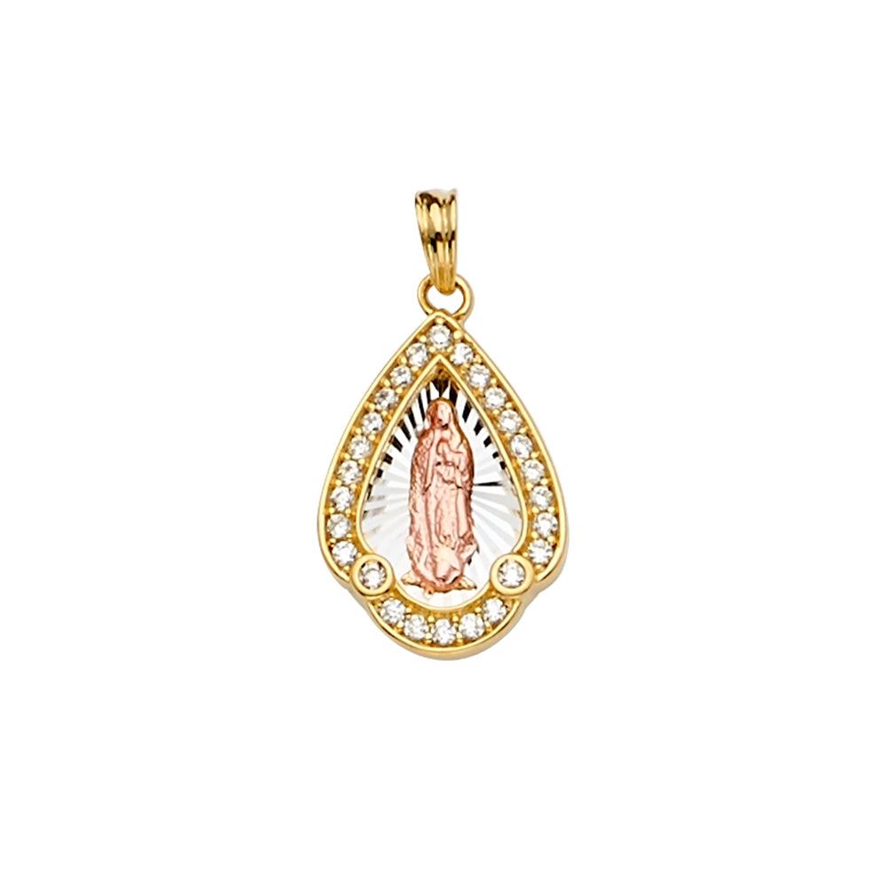 14K Tri-Color Gold Teardrop Our Lady of Guadalupe Pendant with Cubic Zirconia